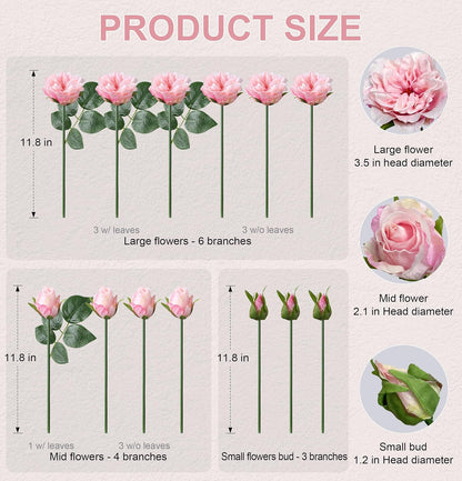 13 Pcs Fake Roses Artificial Flowers, Artificial Roses with Stems Silk Flowers Realistic Roses for Home Wedding Decoration Party DIY Bouquet, Light Pink