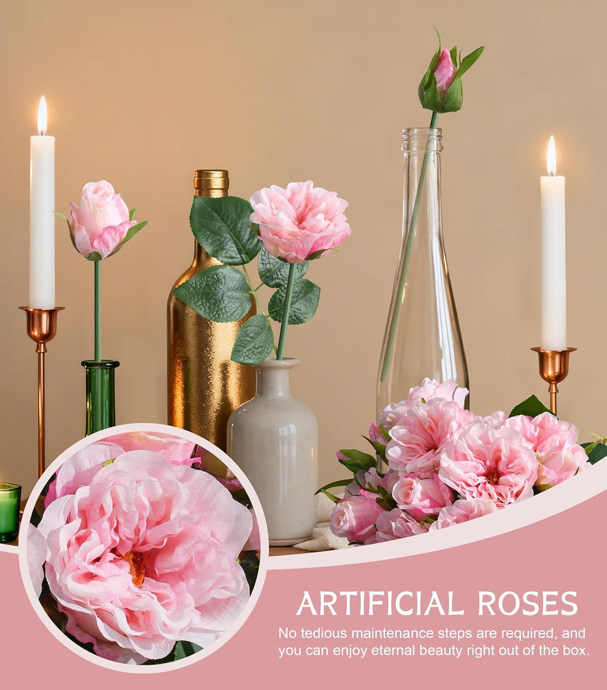 13 Pcs Fake Roses Artificial Flowers, Artificial Roses with Stems Silk Flowers Realistic Roses for Home Wedding Decoration Party DIY Bouquet, Light Pink