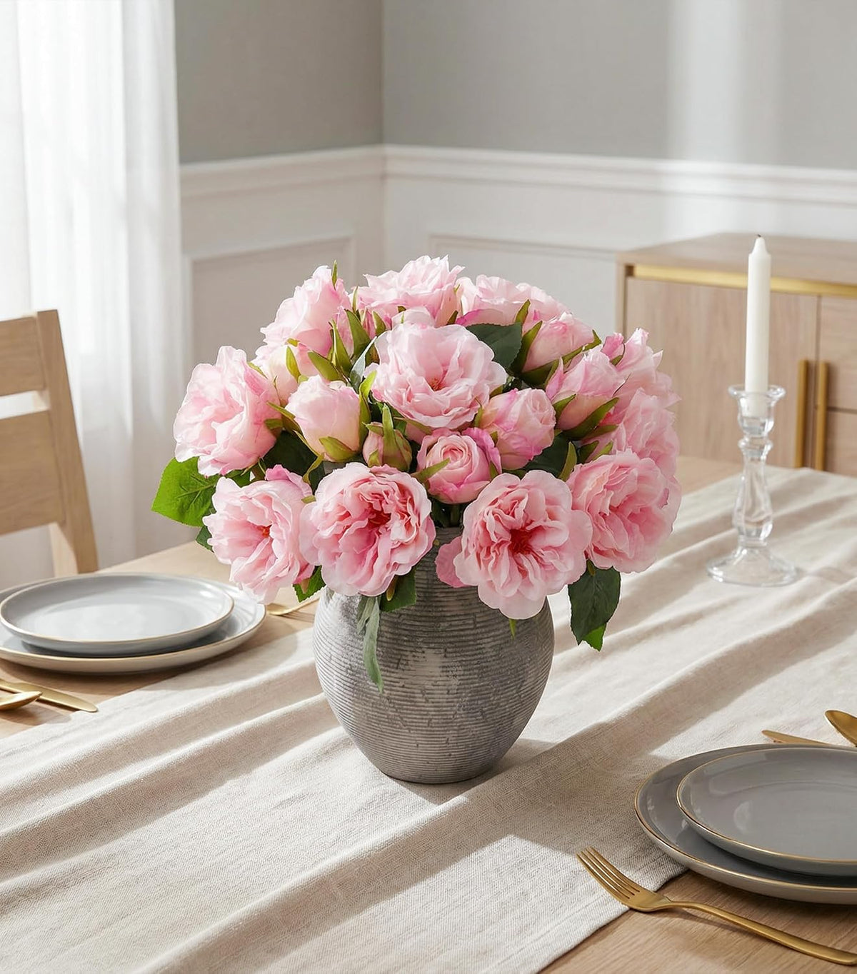 13 Pcs Fake Roses Artificial Flowers, Artificial Roses with Stems Silk Flowers Realistic Roses for Home Wedding Decoration Party DIY Bouquet, Light Pink