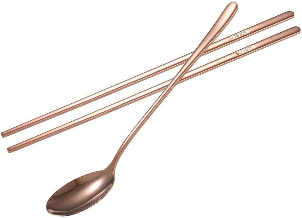 Gold Chopstick Spoon Set, Portable Cutlery Set Reusable Cute Metal Stainless Steel Korean Chopstix Spoon Set for Home Travel(Rose Gold)