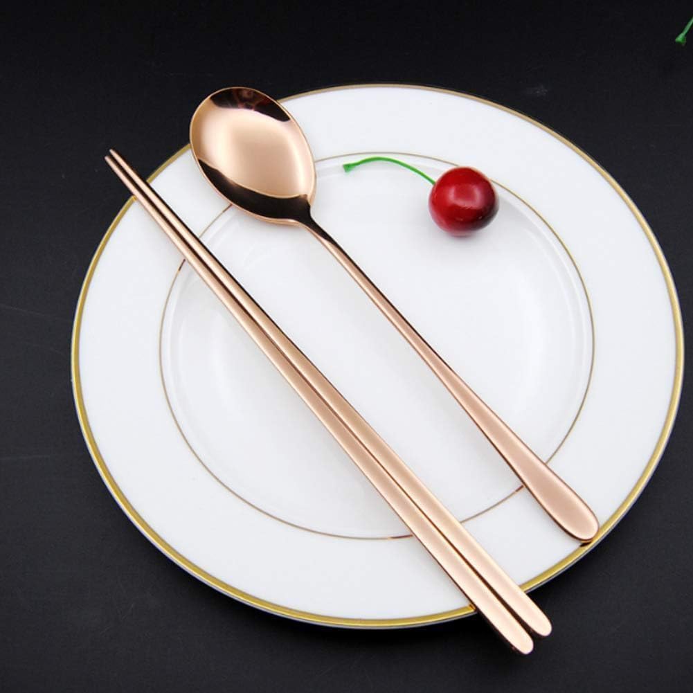 Gold Chopstick Spoon Set, Portable Cutlery Set Reusable Cute Metal Stainless Steel Korean Chopstix Spoon Set for Home Travel(Rose Gold)