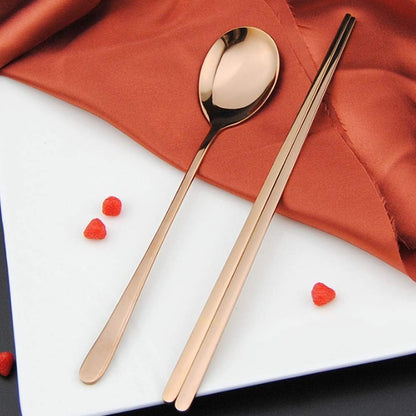 Gold Chopstick Spoon Set, Portable Cutlery Set Reusable Cute Metal Stainless Steel Korean Chopstix Spoon Set for Home Travel(Rose Gold)