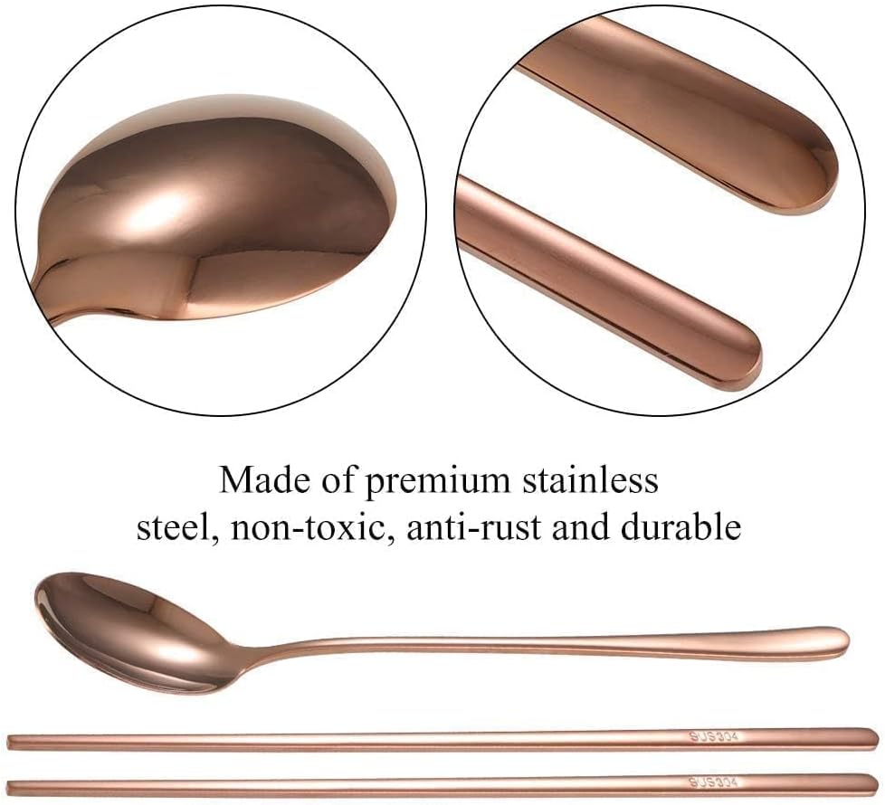 Gold Chopstick Spoon Set, Portable Cutlery Set Reusable Cute Metal Stainless Steel Korean Chopstix Spoon Set for Home Travel(Rose Gold)