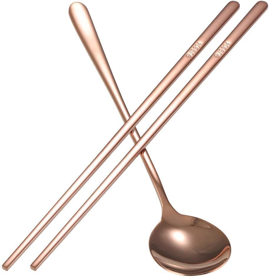 Gold Chopstick Spoon Set, Portable Cutlery Set Reusable Cute Metal Stainless Steel Korean Chopstix Spoon Set for Home Travel(Rose Gold)
