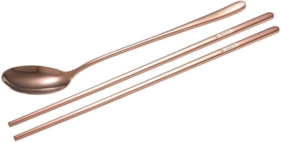 Gold Chopstick Spoon Set, Portable Cutlery Set Reusable Cute Metal Stainless Steel Korean Chopstix Spoon Set for Home Travel(Rose Gold)