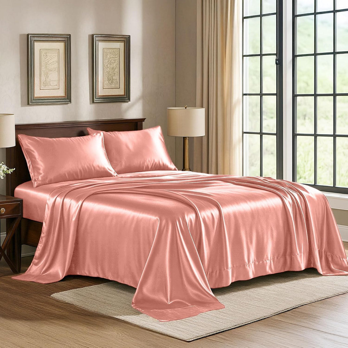 Satin Sheets Queen [4-Piece, Blush Pink] Hotel Luxury Silky Bed Sheets - Extra Soft 1800 Microfiber Sheet Set, Wrinkle, Fade, Stain Resistant - Deep Pocket Fitted Sheet, Flat Sheet, Pillow Cases