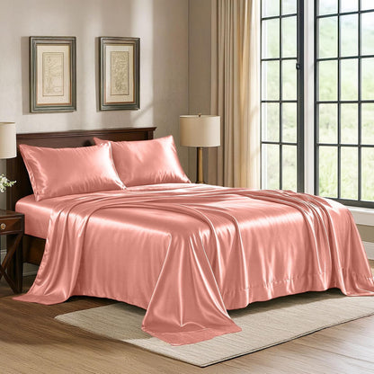 Satin Sheets Queen [4-Piece, Blush Pink] Hotel Luxury Silky Bed Sheets - Extra Soft 1800 Microfiber Sheet Set, Wrinkle, Fade, Stain Resistant - Deep Pocket Fitted Sheet, Flat Sheet, Pillow Cases