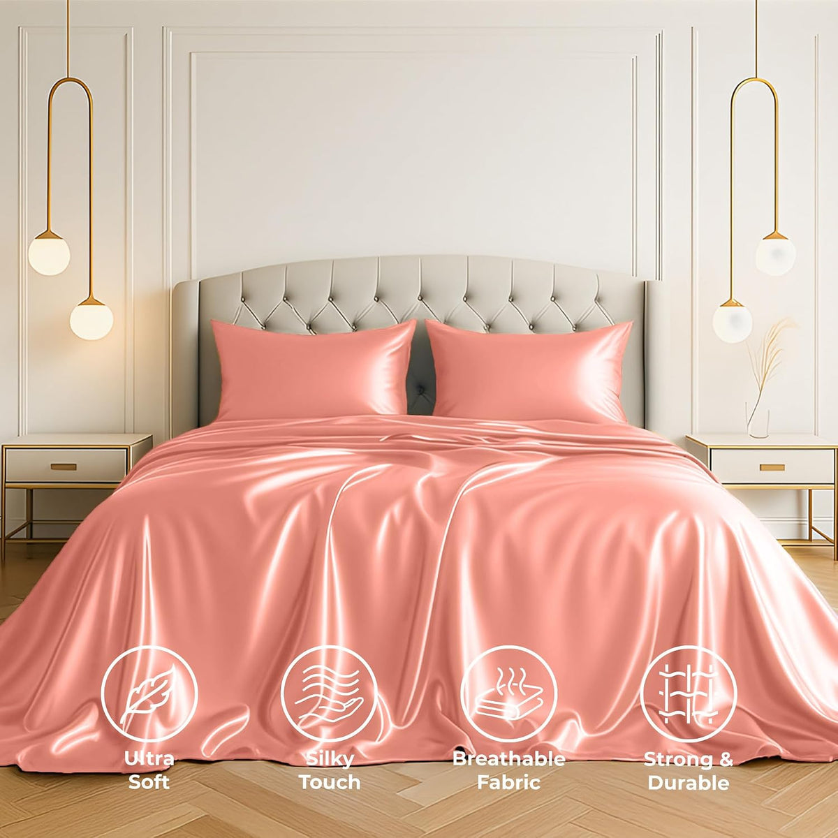 Satin Sheets Queen [4-Piece, Blush Pink] Hotel Luxury Silky Bed Sheets - Extra Soft 1800 Microfiber Sheet Set, Wrinkle, Fade, Stain Resistant - Deep Pocket Fitted Sheet, Flat Sheet, Pillow Cases