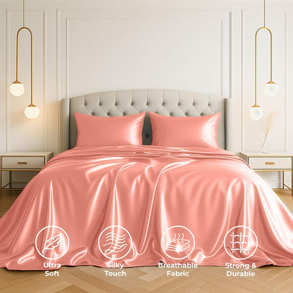 Satin Sheets Queen [4-Piece, Blush Pink] Hotel Luxury Silky Bed Sheets - Extra Soft 1800 Microfiber Sheet Set, Wrinkle, Fade, Stain Resistant - Deep Pocket Fitted Sheet, Flat Sheet, Pillow Cases