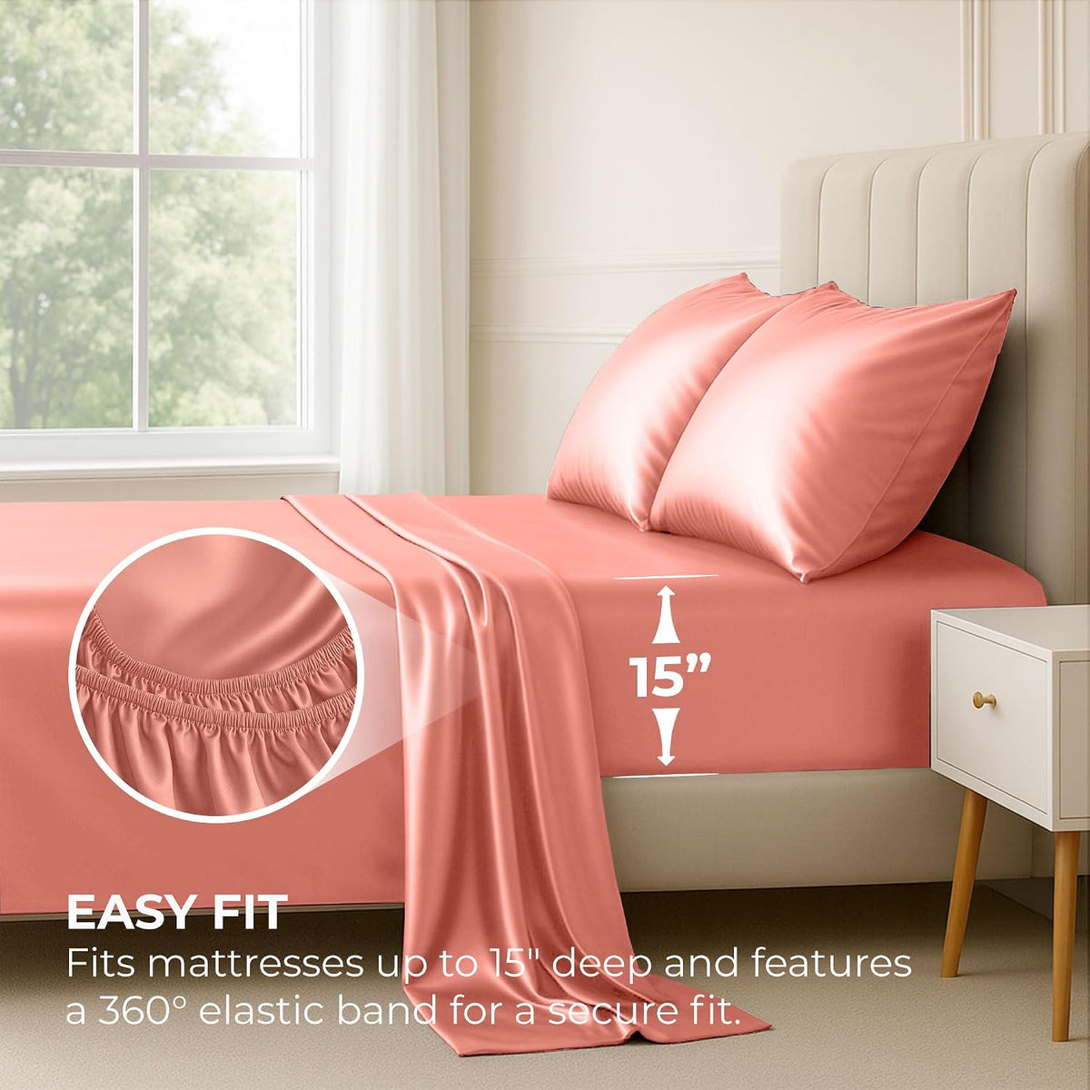 Satin Sheets Queen [4-Piece, Blush Pink] Hotel Luxury Silky Bed Sheets - Extra Soft 1800 Microfiber Sheet Set, Wrinkle, Fade, Stain Resistant - Deep Pocket Fitted Sheet, Flat Sheet, Pillow Cases