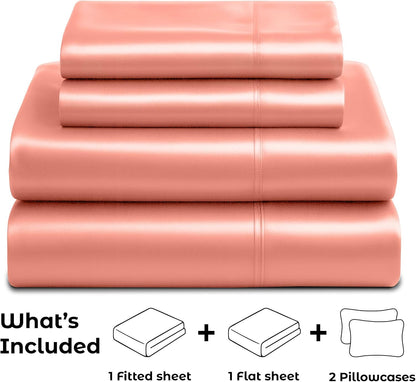 Satin Sheets Queen [4-Piece, Blush Pink] Hotel Luxury Silky Bed Sheets - Extra Soft 1800 Microfiber Sheet Set, Wrinkle, Fade, Stain Resistant - Deep Pocket Fitted Sheet, Flat Sheet, Pillow Cases