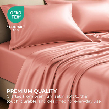Satin Sheets Queen [4-Piece, Blush Pink] Hotel Luxury Silky Bed Sheets - Extra Soft 1800 Microfiber Sheet Set, Wrinkle, Fade, Stain Resistant - Deep Pocket Fitted Sheet, Flat Sheet, Pillow Cases