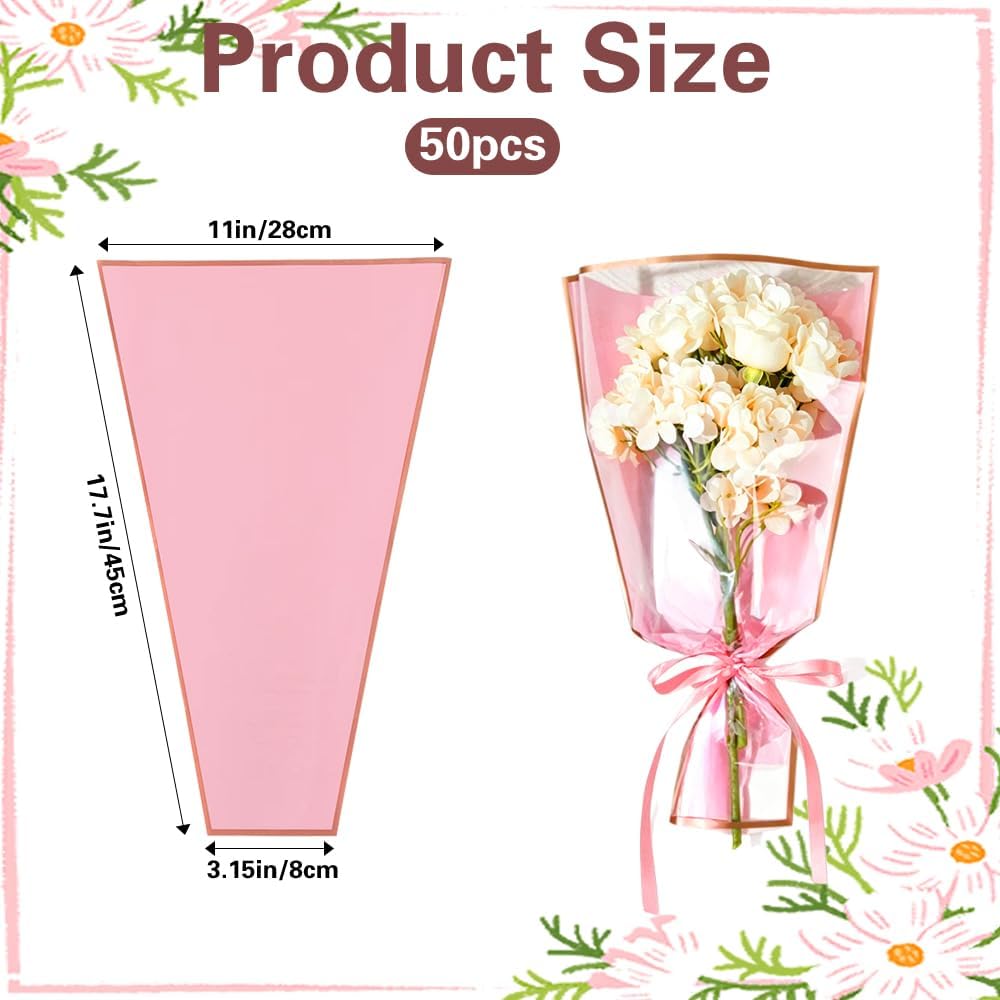 Flower Wrapping Bags, 50 Pcs Pink Bouquet Wrapping Bags , Clear Floral Packing Sleeves for Father's Day Bouquets Accessories DIY Crafts Wedding Birthday Christmas Valentines Day Gift Florist Supplies