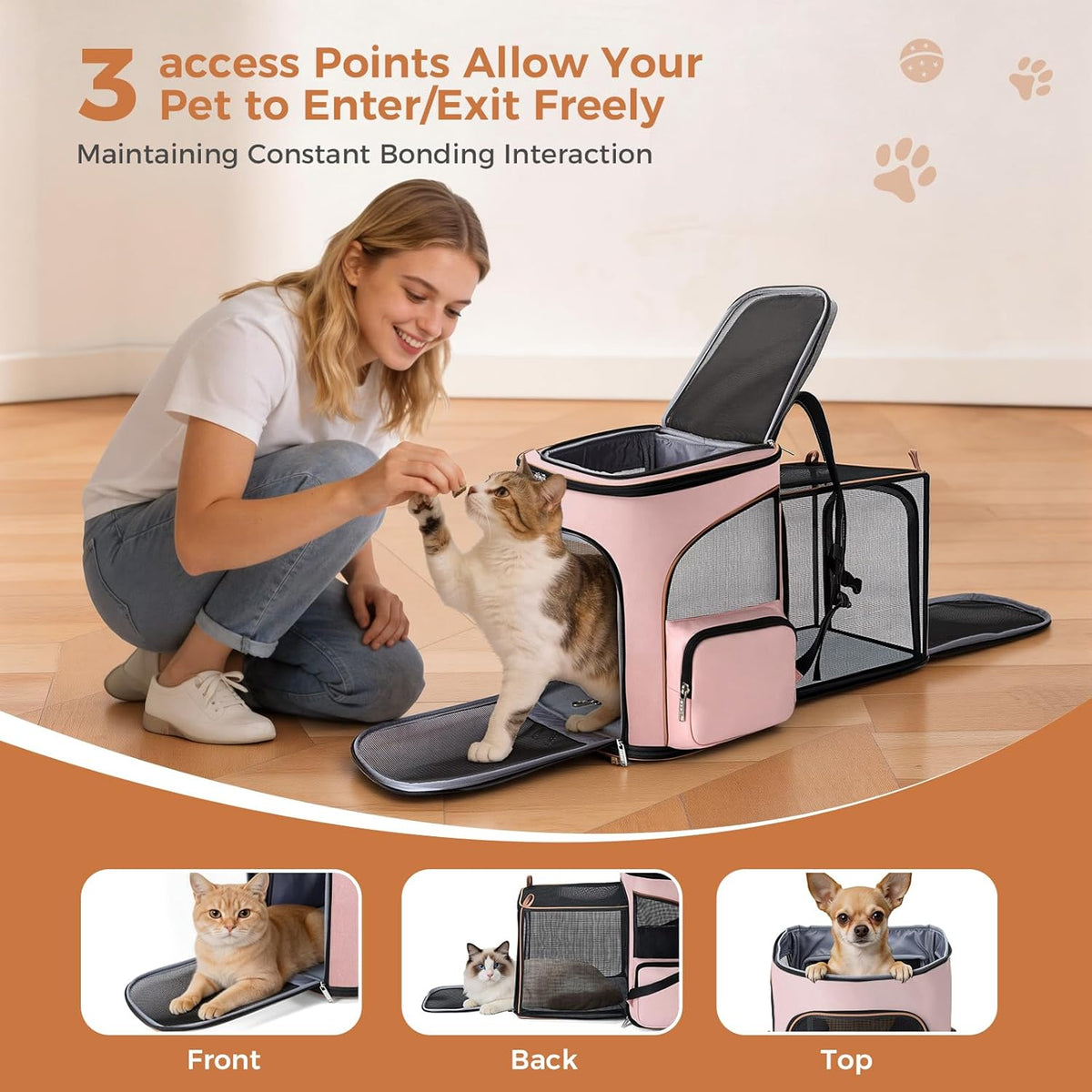Large Cat Backpack Carrier Expandable Pet Carrier Backpack for Small Dogs Medium Cats Fit Up to 18 Lbs, Foldable Puppy Backpack Carrier for Travel, Hiking, Pink