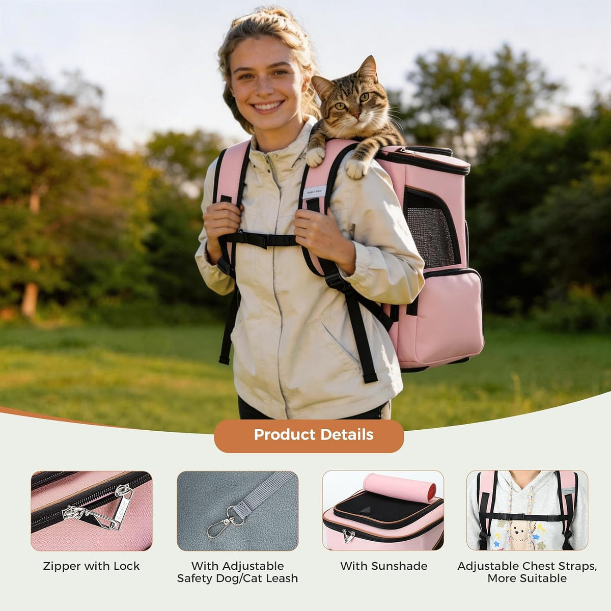 Large Cat Backpack Carrier Expandable Pet Carrier Backpack for Small Dogs Medium Cats Fit Up to 18 Lbs, Foldable Puppy Backpack Carrier for Travel, Hiking, Pink