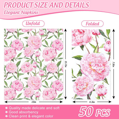 50 Pcs Spring Floral Guest Napkins Disposable Paper Napkins Pink Watercolor Peony Flower Dinner Hand Towels for Bathroom Wedding Birthday Party Table Supplies