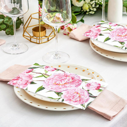 50 Pcs Spring Floral Guest Napkins Disposable Paper Napkins Pink Watercolor Peony Flower Dinner Hand Towels for Bathroom Wedding Birthday Party Table Supplies