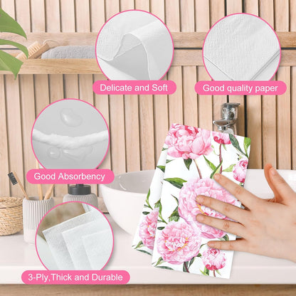 50 Pcs Spring Floral Guest Napkins Disposable Paper Napkins Pink Watercolor Peony Flower Dinner Hand Towels for Bathroom Wedding Birthday Party Table Supplies