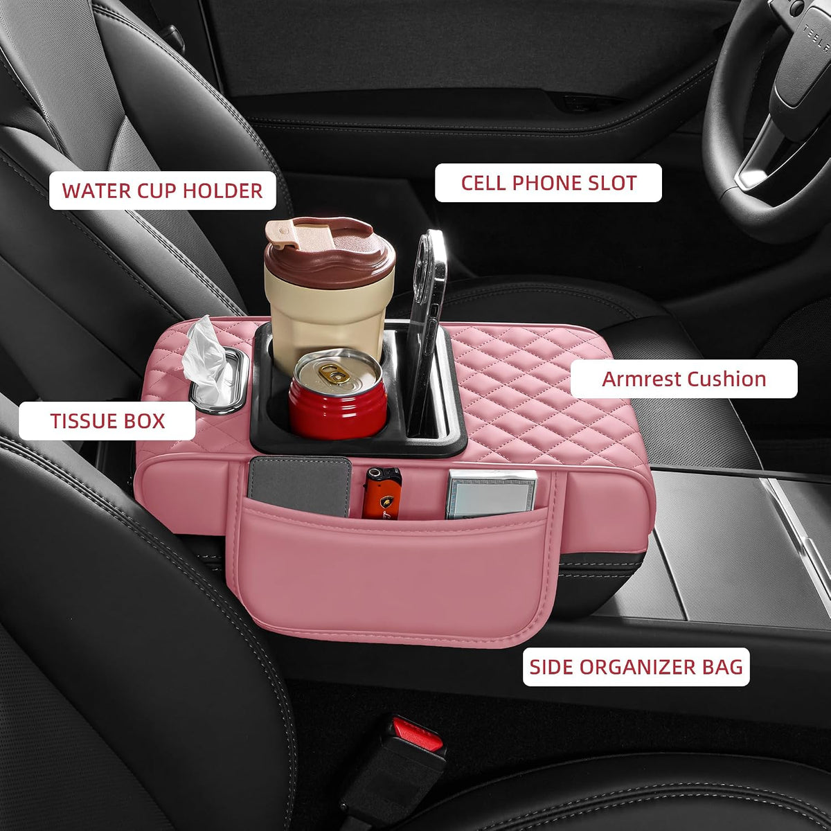 5 in 1 Nappa Leather Console Armrest Cover, Pink