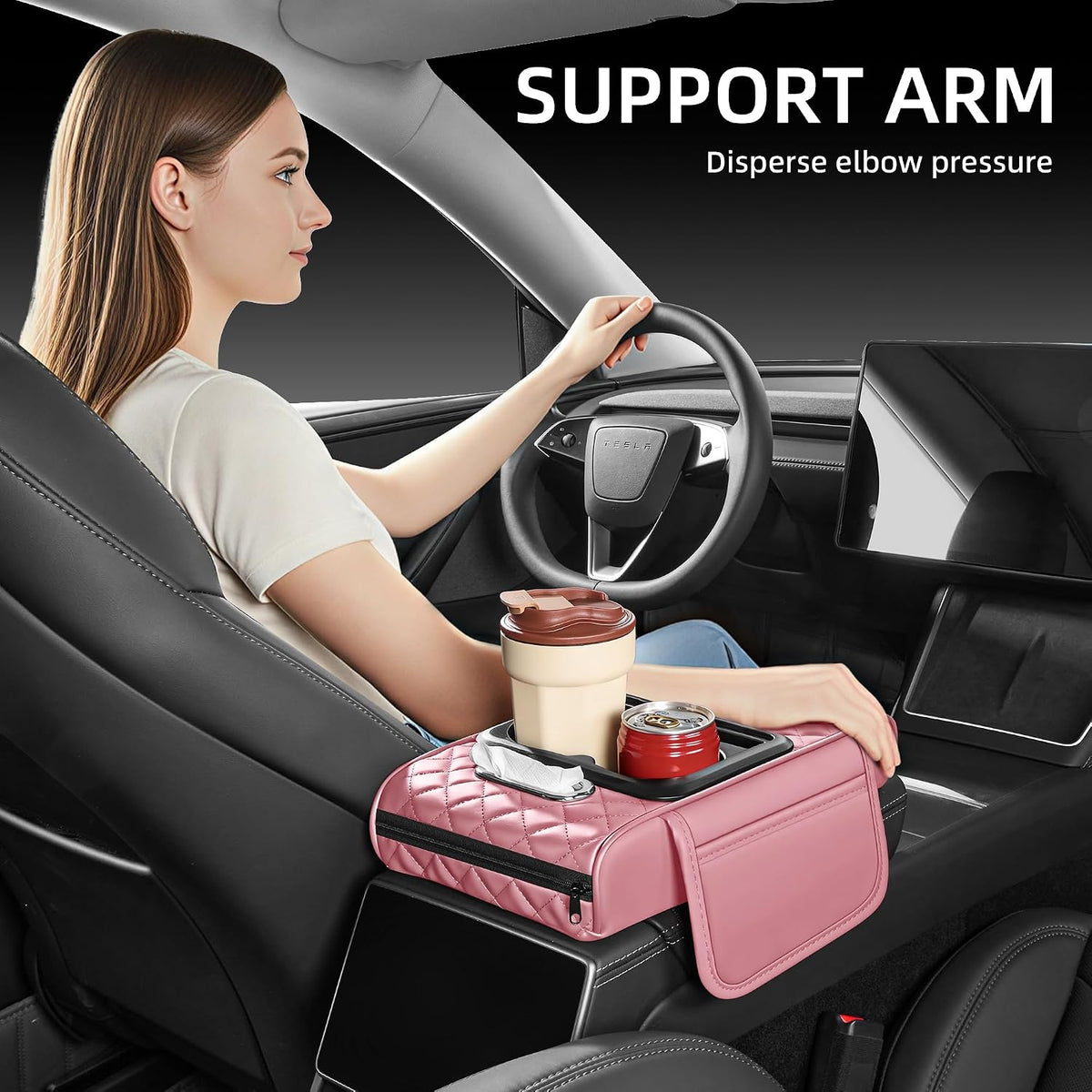 5 in 1 Nappa Leather Console Armrest Cover, Pink