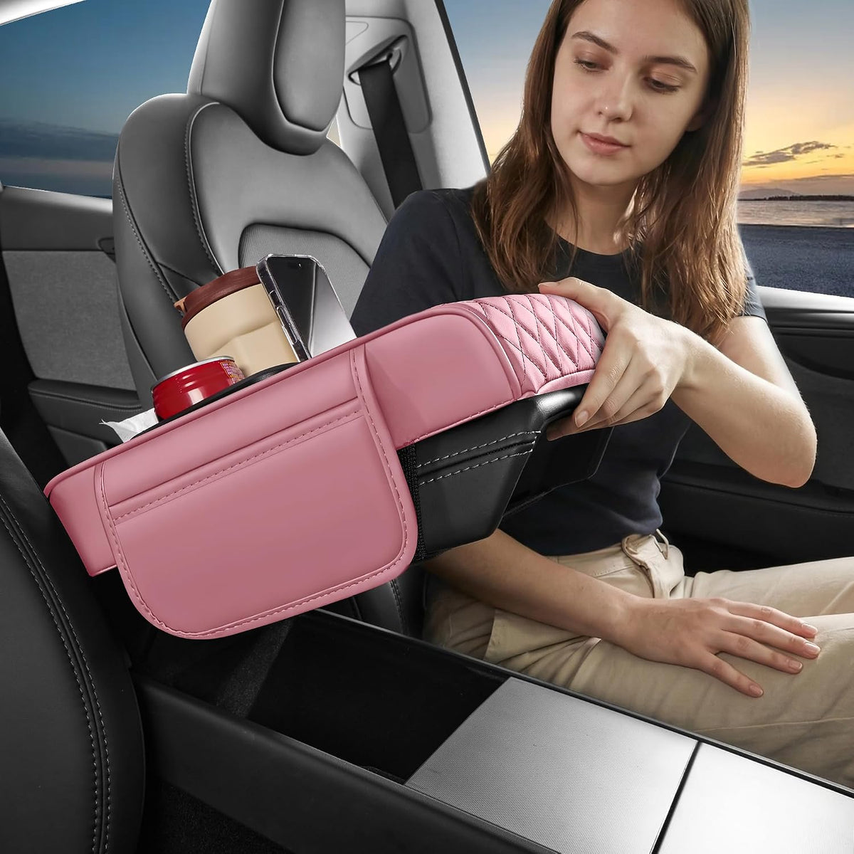 5 in 1 Nappa Leather Console Armrest Cover, Pink