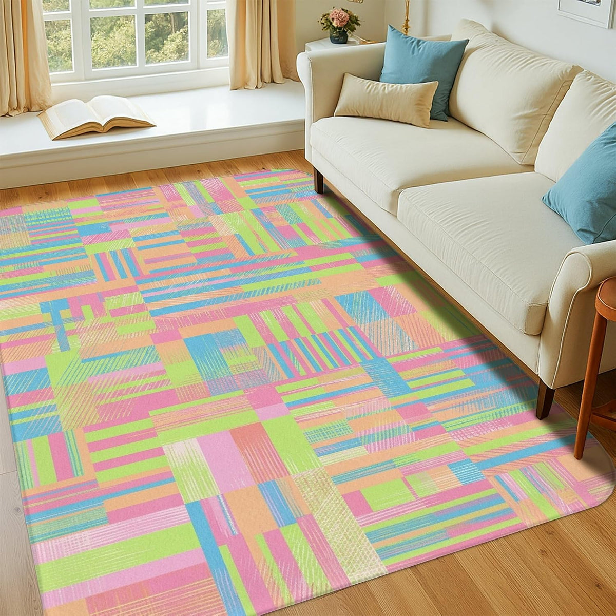Stripes Area Rug, Modern Contemporary Blocks Lines Spring Peach Low Pile Sponge Carpets Fade Resistant Home Aesthetic Rugs for Living Room Bedroom Hallway Office Decor 4' X 6'