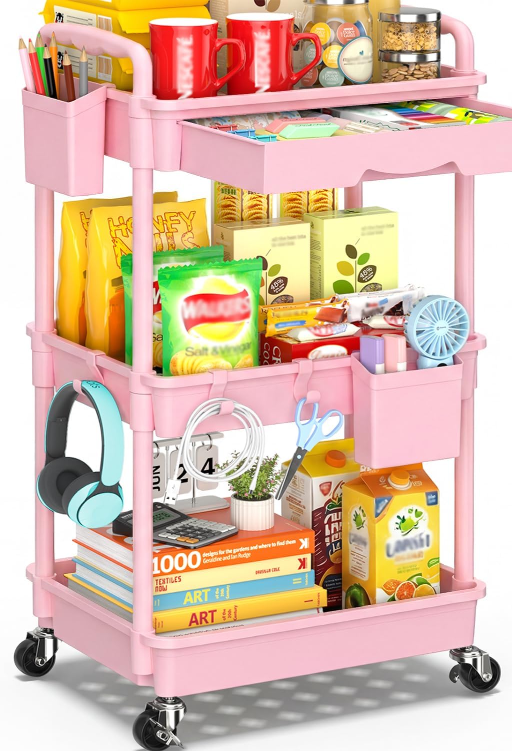 3 Tier Rolling Cart with Drawer, Craft Storage Cart Organizer, Pink