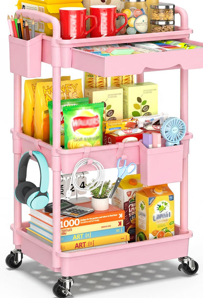 3 Tier Rolling Cart with Drawer, Craft Storage Cart Organizer, Pink