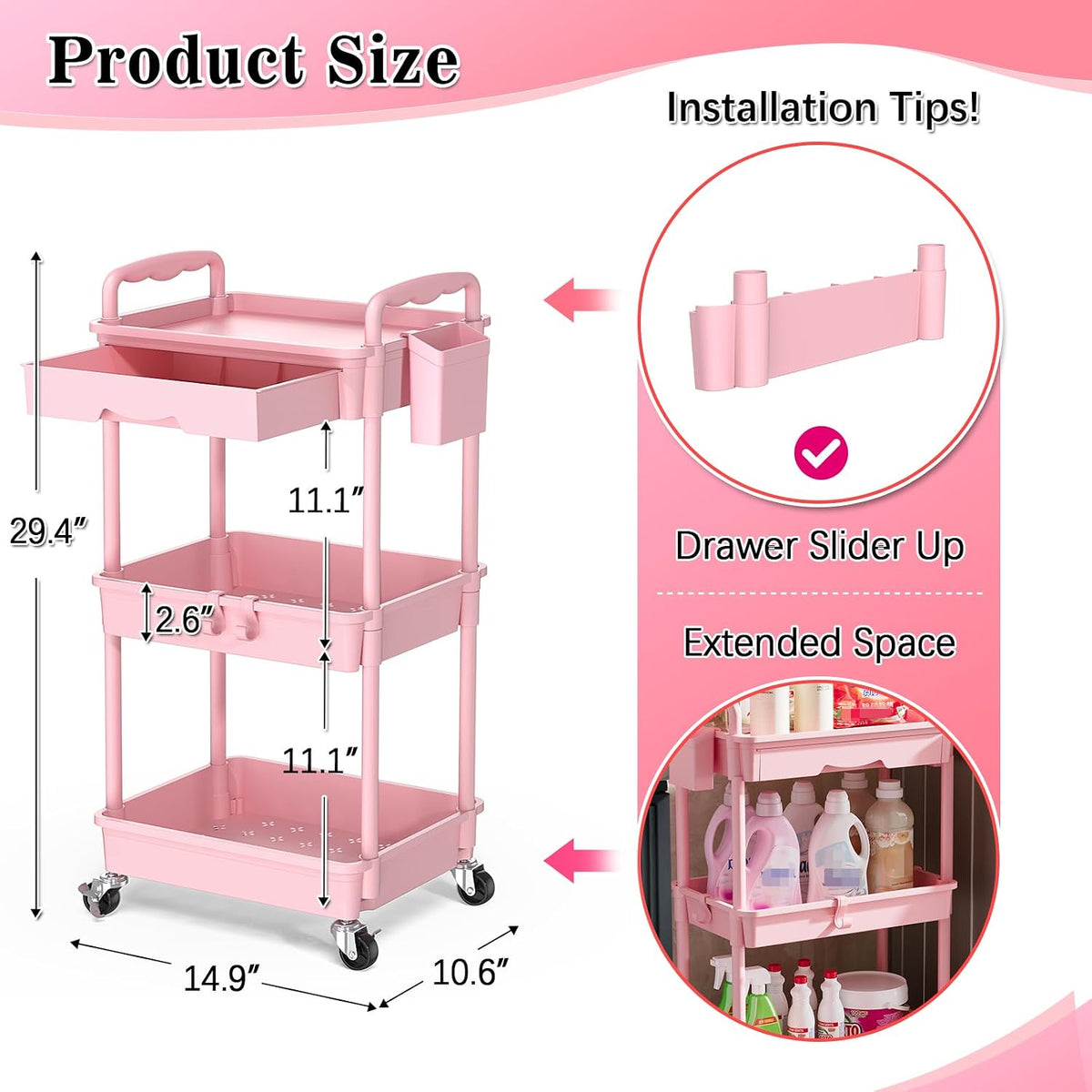 3 Tier Rolling Cart with Drawer, Craft Storage Cart Organizer, Pink