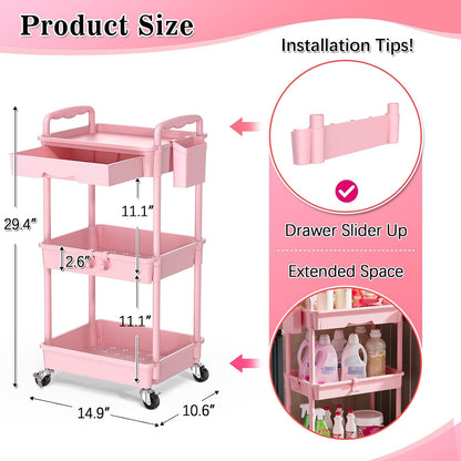 3 Tier Rolling Cart with Drawer, Craft Storage Cart Organizer, Pink