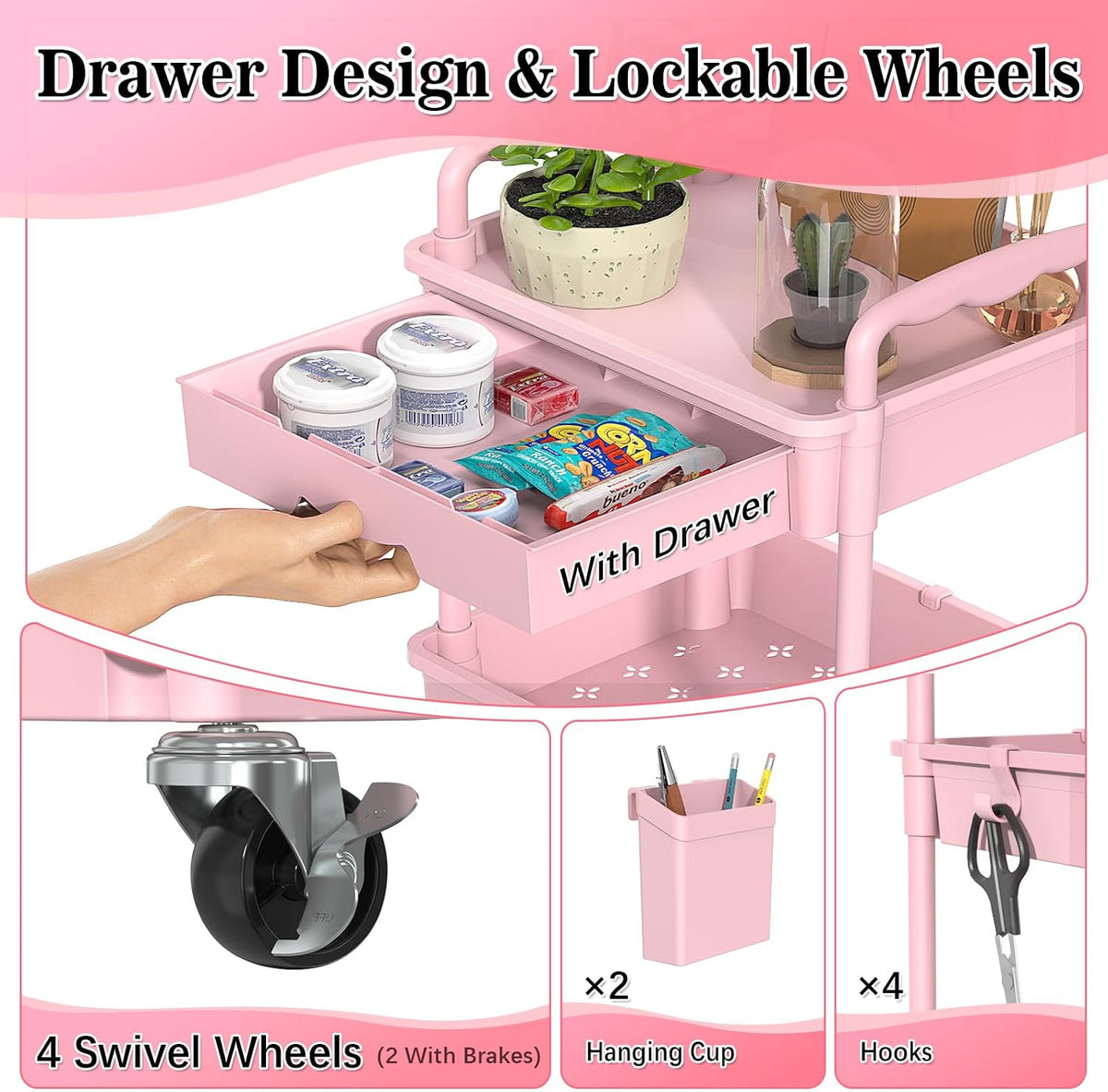 3 Tier Rolling Cart with Drawer, Craft Storage Cart Organizer, Pink