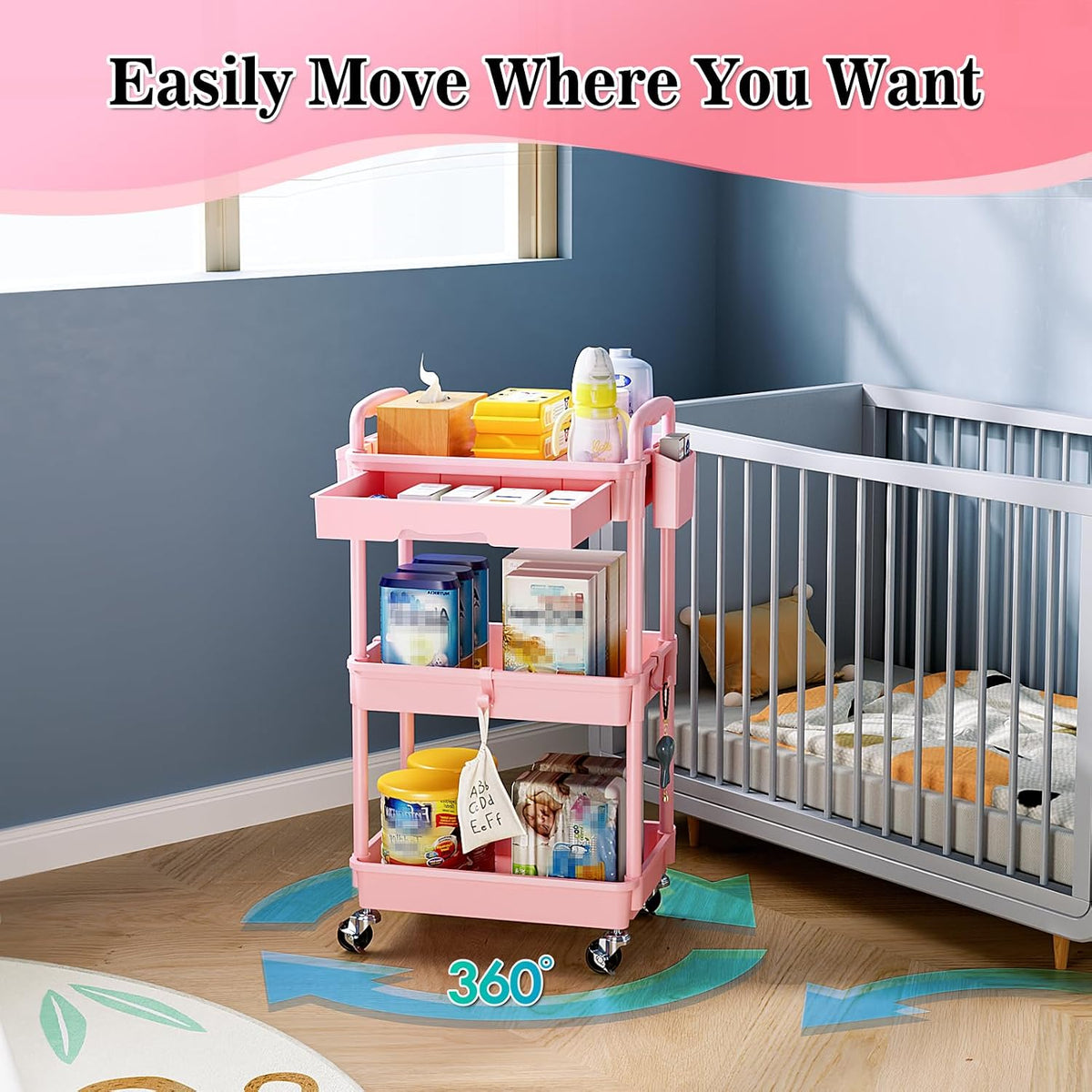3 Tier Rolling Cart with Drawer, Craft Storage Cart Organizer, Pink