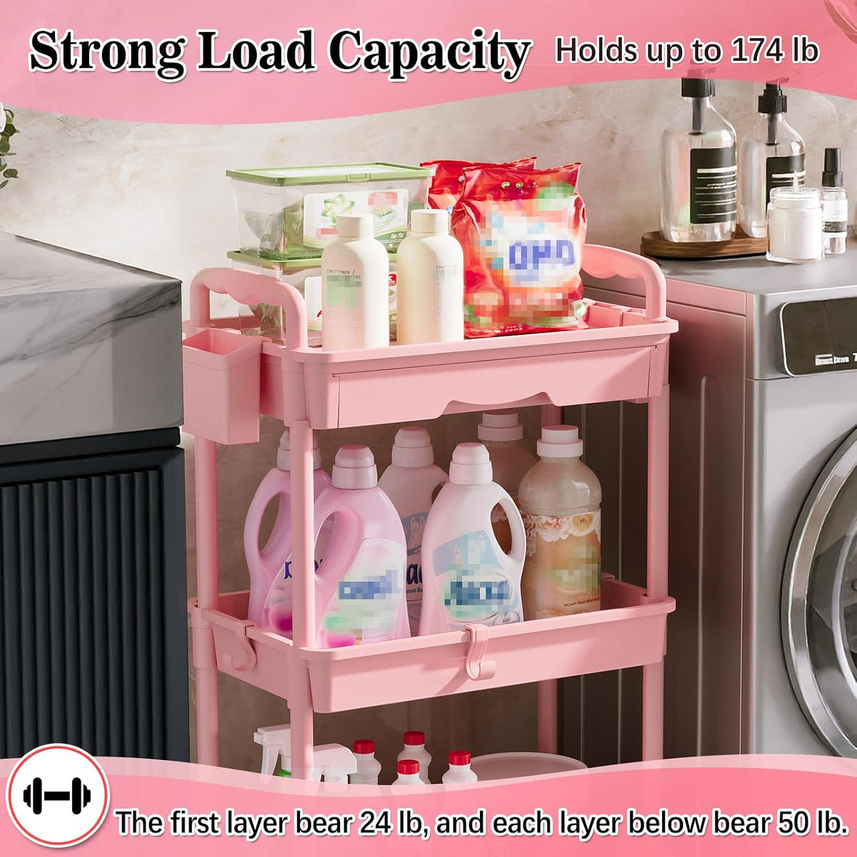 3 Tier Rolling Cart with Drawer, Craft Storage Cart Organizer, Pink