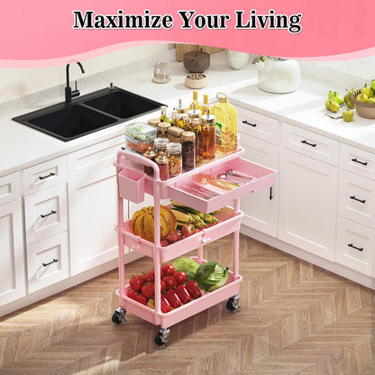 3 Tier Rolling Cart with Drawer, Craft Storage Cart Organizer, Pink