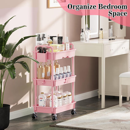 3 Tier Rolling Cart with Drawer, Craft Storage Cart Organizer, Pink