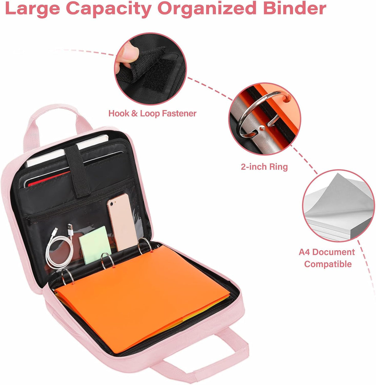 3 Ring Zipper Binder, 2 inch O-Ring Binder Organizer 500 Sheets, Pink