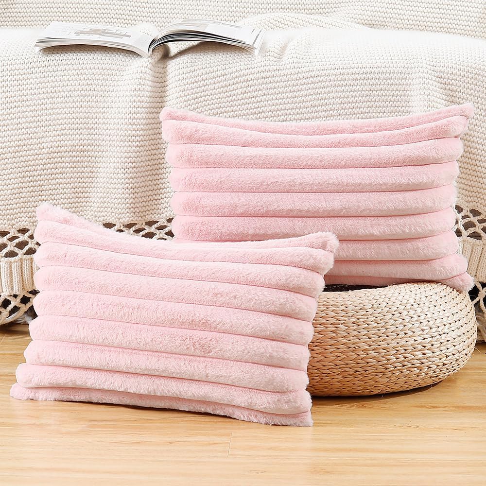 Set of 2 Faux Wool Plush Decorative Throw Pillow Covers 12x20 Inch Pink Fluffy Striped Soft Decorative Cushion Cover for Sofa Bedroom Pillow Shell