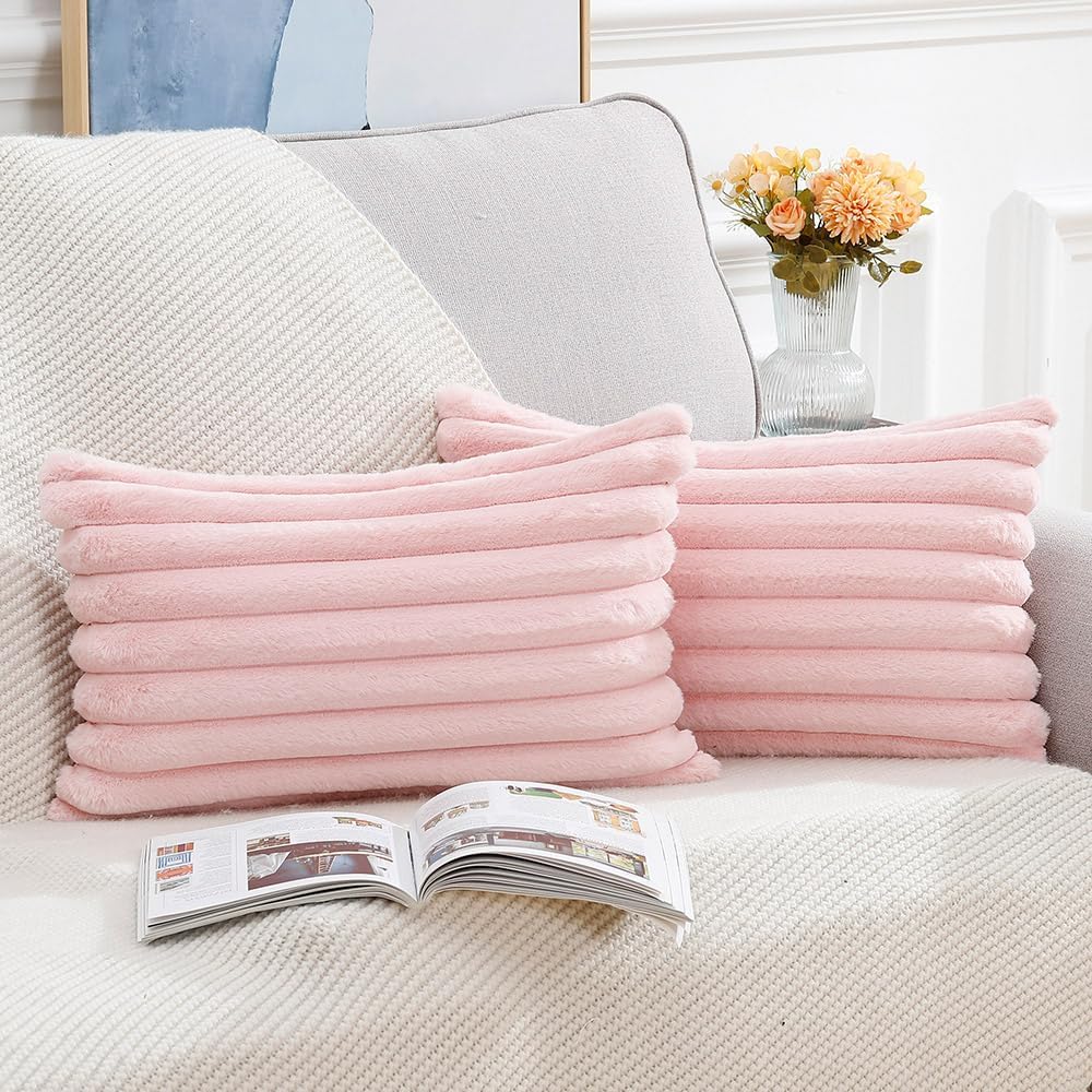 Set of 2 Faux Wool Plush Decorative Throw Pillow Covers 12x20 Inch Pink Fluffy Striped Soft Decorative Cushion Cover for Sofa Bedroom Pillow Shell