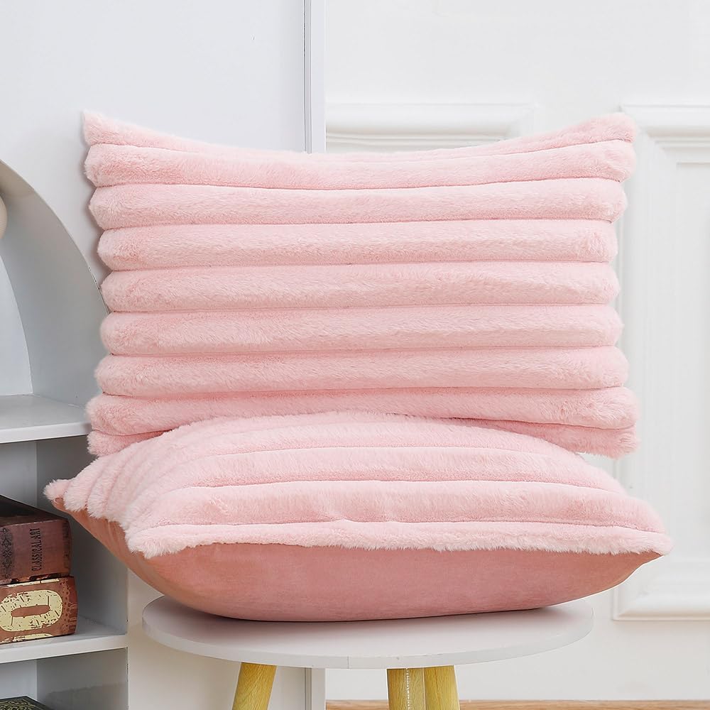 Set of 2 Faux Wool Plush Decorative Throw Pillow Covers 12x20 Inch Pink Fluffy Striped Soft Decorative Cushion Cover for Sofa Bedroom Pillow Shell