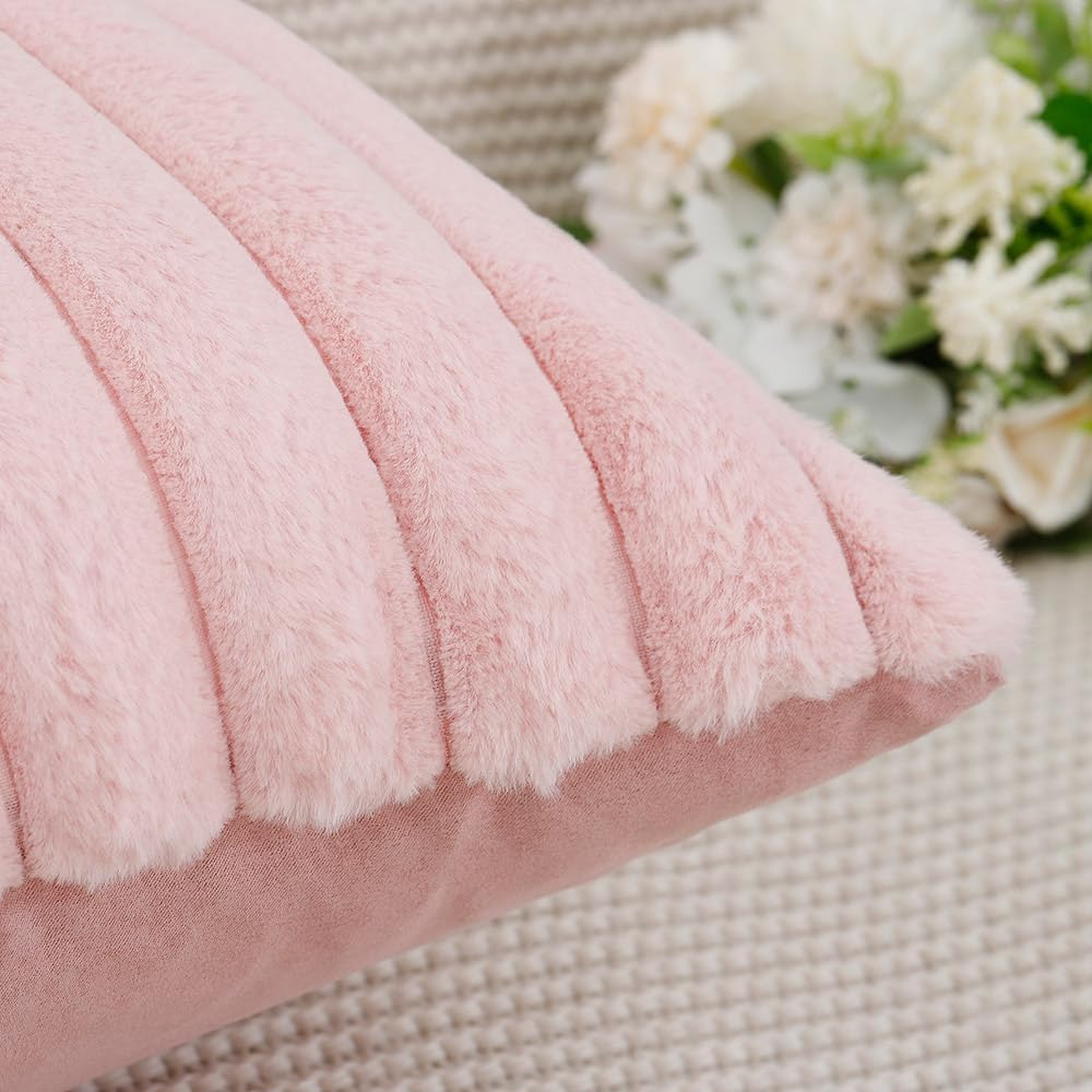 Set of 2 Faux Wool Plush Decorative Throw Pillow Covers 12x20 Inch Pink Fluffy Striped Soft Decorative Cushion Cover for Sofa Bedroom Pillow Shell