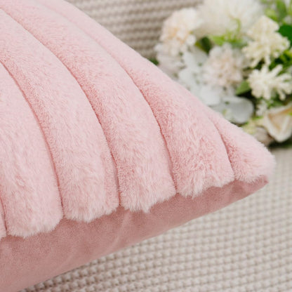 Set of 2 Faux Wool Plush Decorative Throw Pillow Covers 12x20 Inch Pink Fluffy Striped Soft Decorative Cushion Cover for Sofa Bedroom Pillow Shell