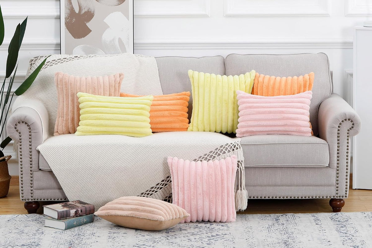 Set of 2 Faux Wool Plush Decorative Throw Pillow Covers 12x20 Inch Pink Fluffy Striped Soft Decorative Cushion Cover for Sofa Bedroom Pillow Shell