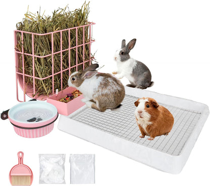 3 in 1 Rabbit Hay Feeder with Litter Box,Upgraded Metal Hay Rack & Litter Tray & Water Bowl,Quick Cleaning,Easy to Install,Bunny Supplies for Rabbit Guinea Pig Chinchilla Small Animals