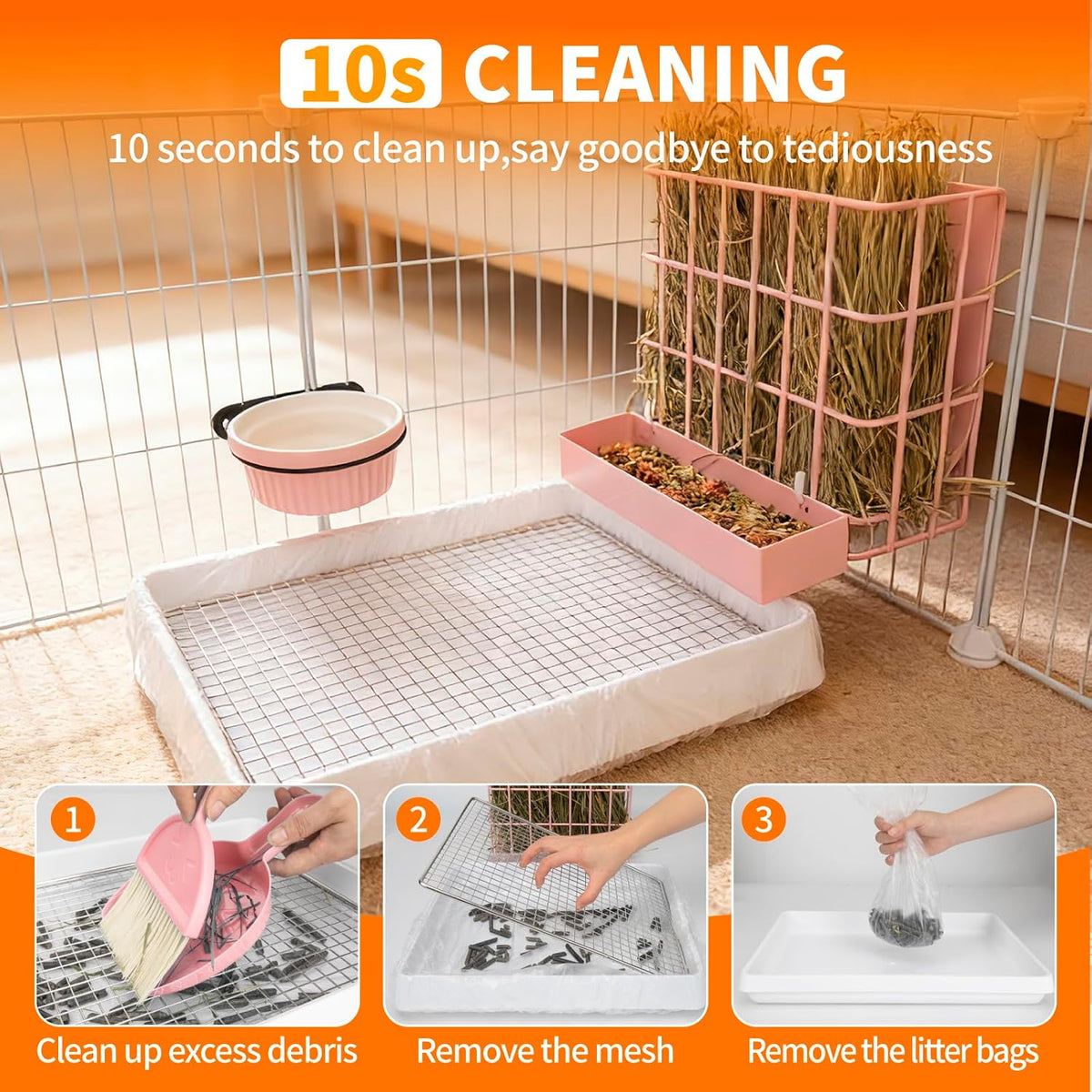 3 in 1 Rabbit Hay Feeder with Litter Box,Upgraded Metal Hay Rack & Litter Tray & Water Bowl,Quick Cleaning,Easy to Install,Bunny Supplies for Rabbit Guinea Pig Chinchilla Small Animals