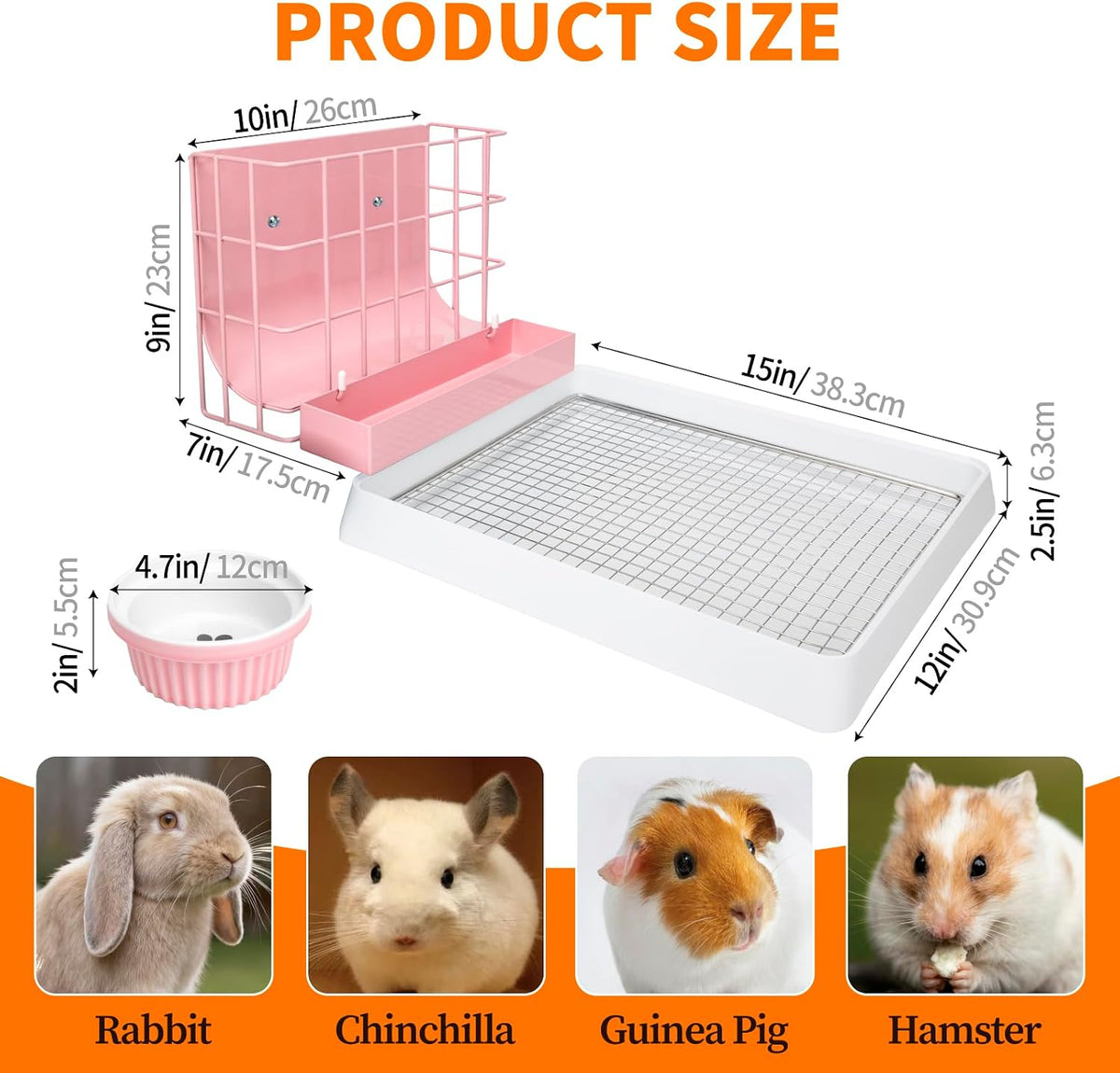 3 in 1 Rabbit Hay Feeder with Litter Box,Upgraded Metal Hay Rack & Litter Tray & Water Bowl,Quick Cleaning,Easy to Install,Bunny Supplies for Rabbit Guinea Pig Chinchilla Small Animals