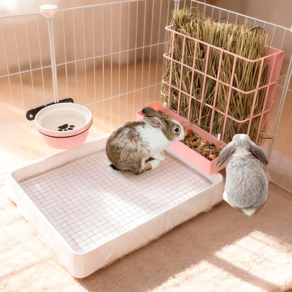 3 in 1 Rabbit Hay Feeder with Litter Box,Upgraded Metal Hay Rack & Litter Tray & Water Bowl,Quick Cleaning,Easy to Install,Bunny Supplies for Rabbit Guinea Pig Chinchilla Small Animals