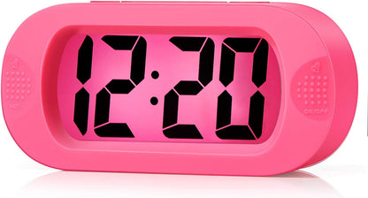 Kids Alarm Clock Large Digital LCD Travel Alarm Clocks with Snooze and Night Light - Ascending Sound and Handheld Sized - Best Gift for Kids (Pink)