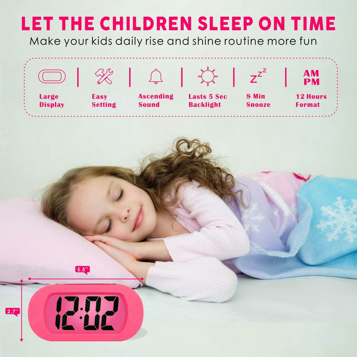 Kids Alarm Clock Large Digital LCD Travel Alarm Clocks with Snooze and Night Light - Ascending Sound and Handheld Sized - Best Gift for Kids (Pink)