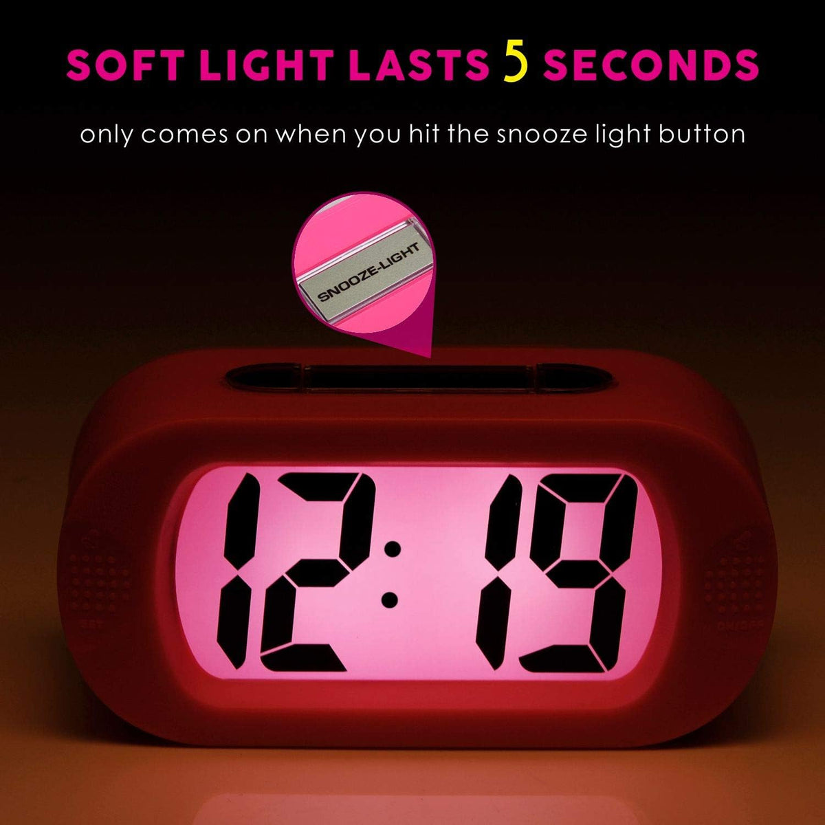 Kids Alarm Clock Large Digital LCD Travel Alarm Clocks with Snooze and Night Light - Ascending Sound and Handheld Sized - Best Gift for Kids (Pink)