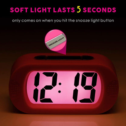 Kids Alarm Clock Large Digital LCD Travel Alarm Clocks with Snooze and Night Light - Ascending Sound and Handheld Sized - Best Gift for Kids (Pink)